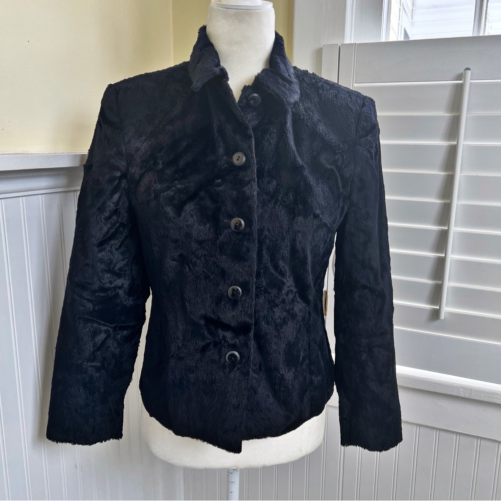Gianni Petite Black Faux Fur Button Front Blazer Jacket Size 6P Vintage